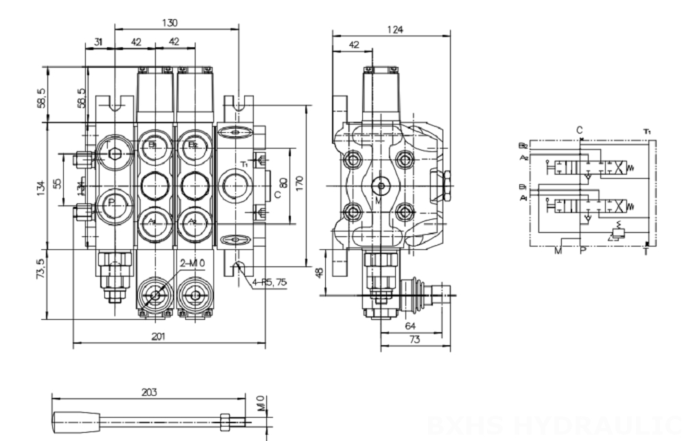 DCV100 Manual 2 Spool Sectional Directional Valve drawing image