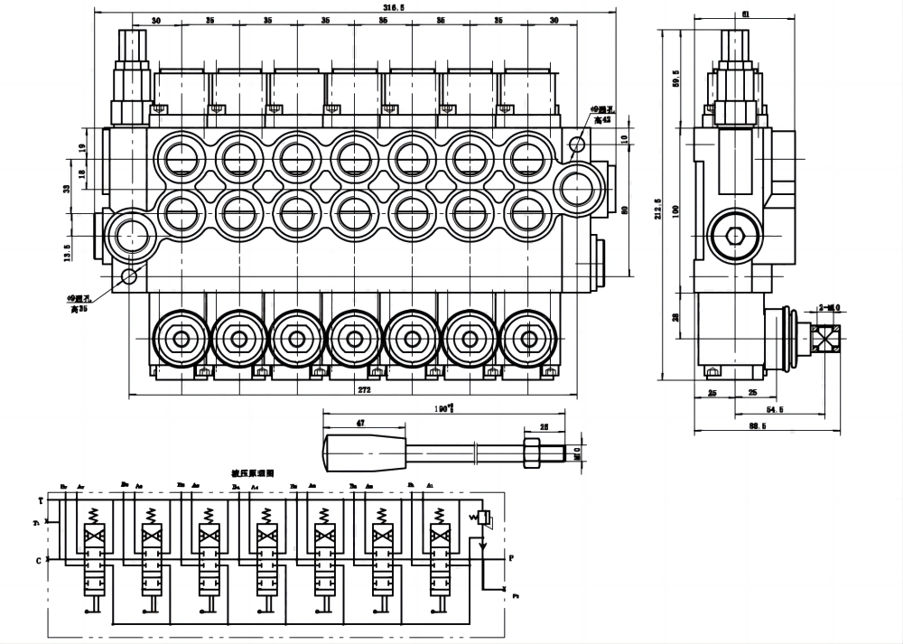 P40-U78 Manual 7 Spool Monoblock Directional Valve drawing image