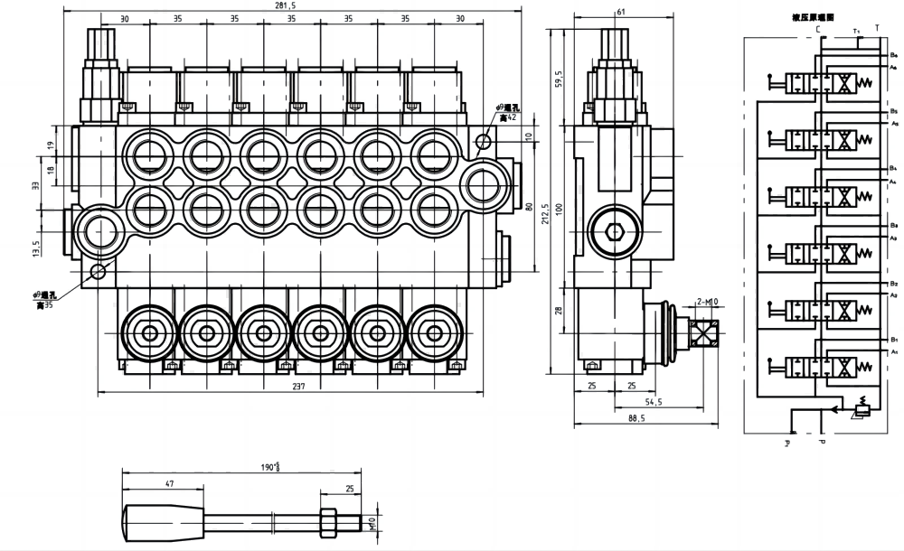 Monoblock Directional Control Valve: P40-U34 Series for Hydraulic Systems drawing image