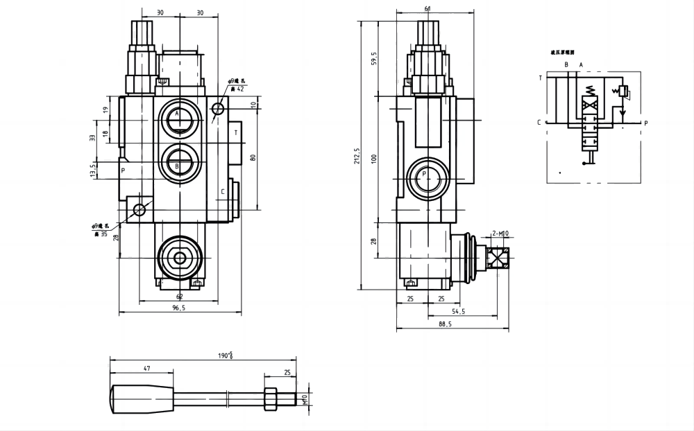 Tractor Hydraulic Distributor P40-OT 1 Spool Monoblock Valve | Customizable Hydraulic Solutions drawing image