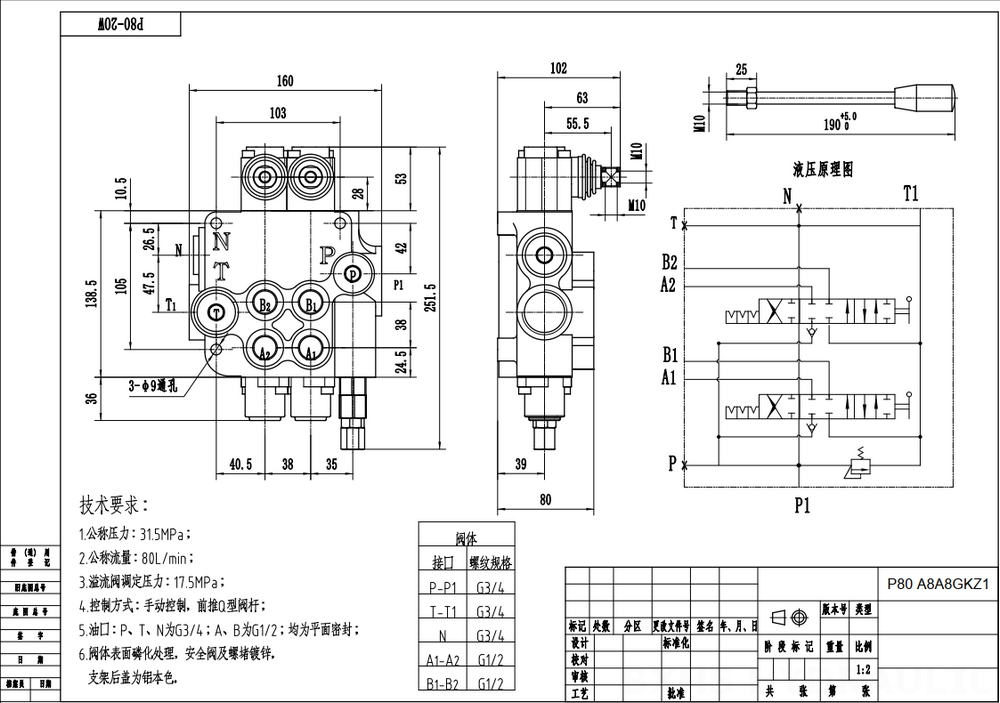 P80-G12-G34-OW Manual 2 Spool Monoblock Directional Valve: Global Supplier drawing image