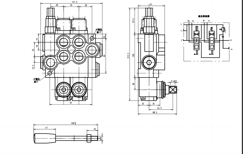 P40-U78-U34-OT-YW 2-Spool Hydraulic Directional Valve | Factory Direct & Customizable drawing image