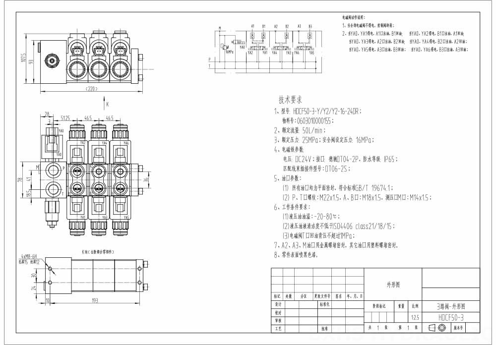 HDCF50 Solenoid 3 Spool Solenoid Control Valve drawing image