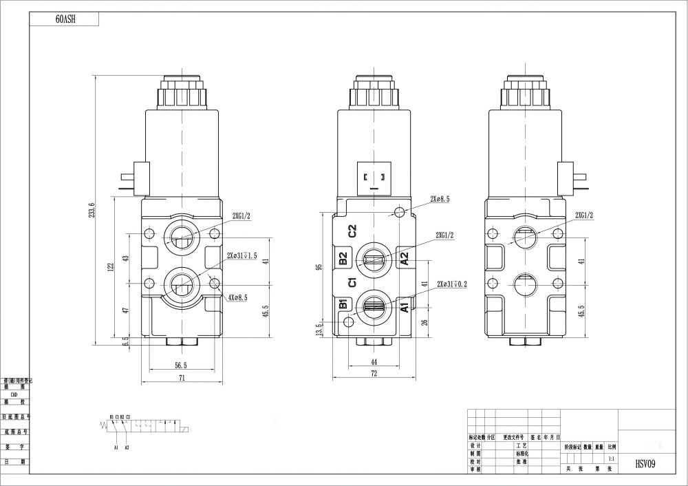 HSV09-DKL Solenoid 1 Spool Flow Diverter Valve drawing image