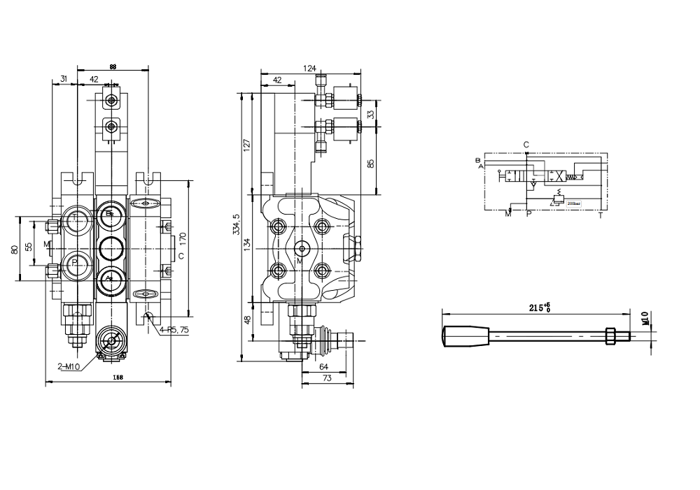 DCV100 Pneumatic 1 Spool Sectional Directional Valve drawing image