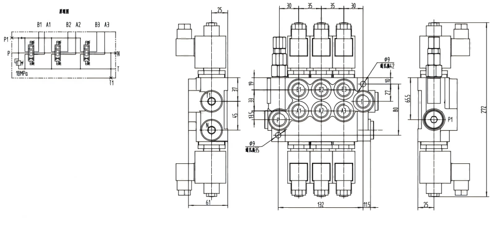 P40-DKL Solenoid 3 Spool Monoblock Directional Valve drawing image