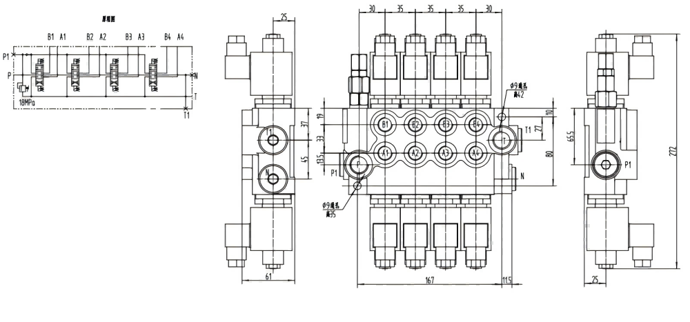 P40-DKL Solenoid 4 Spool Monoblock Directional Valve drawing image