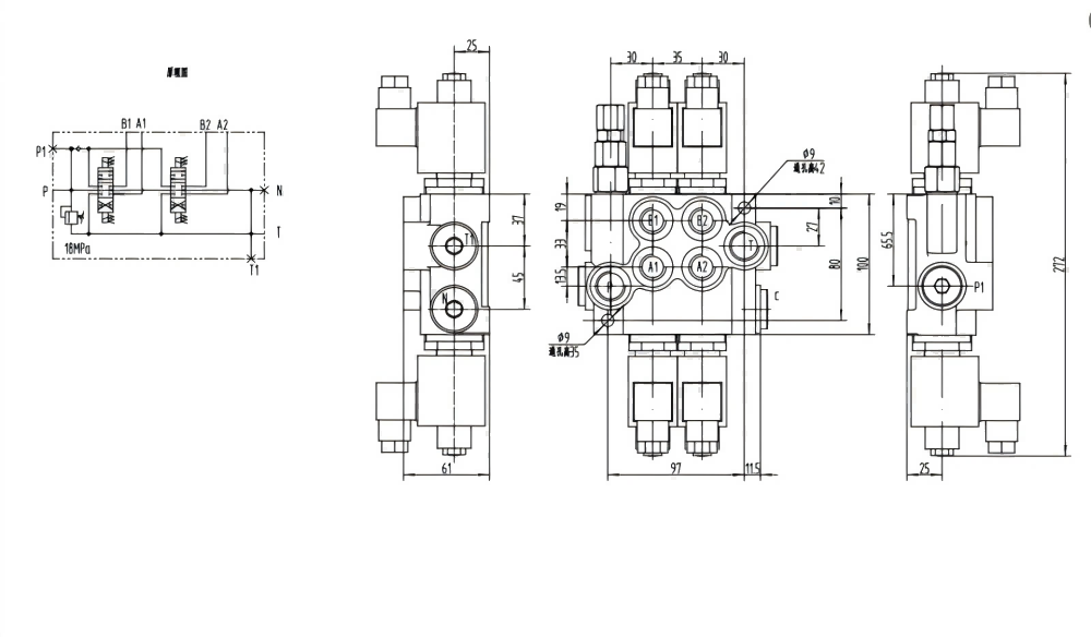 P40-DKL Solenoid 2 Spool Monoblock Directional Valve drawing image