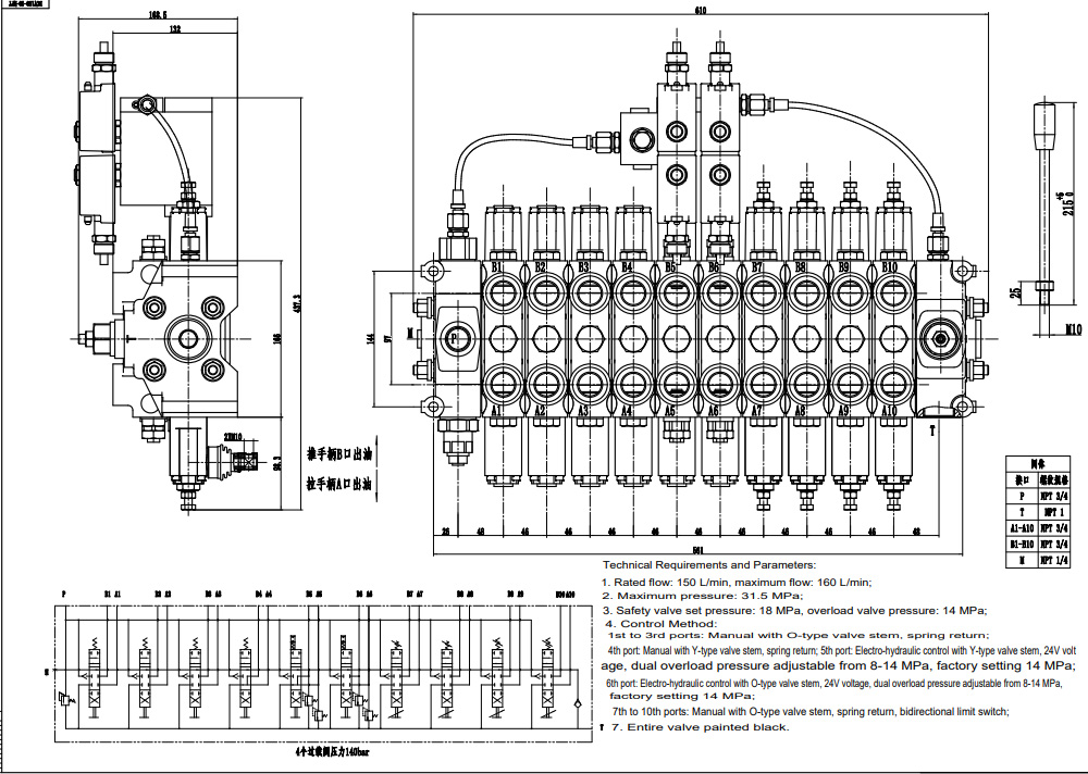 DCV150-10-NPT Manual and Electro-hydraulic 10 Spool Sectional Directional Valve drawing image