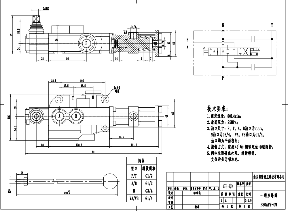 P80F-G34 Hydraulic 1 Spool Monoblock Directional Valve drawing image