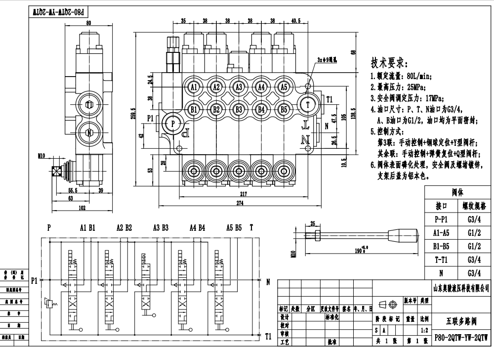 P80-G34-G12-2OT-YW-2OT 5 Spool Hydraulic Directional Valve | Factory Direct & Customizable drawing image