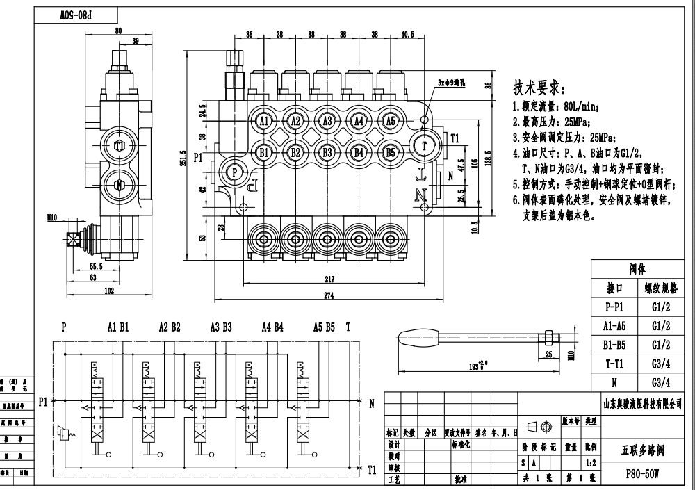 P80-G12-G34-OW Manual 5 Spool Monoblock Directional Valve drawing image