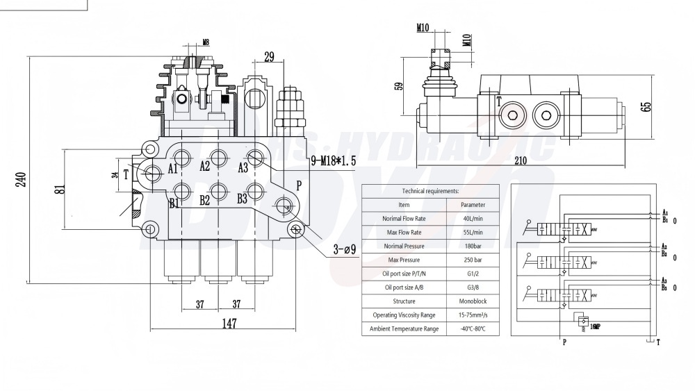 ZT12-OT Joystick 3 Spool Hydraulic Control Valve drawing image