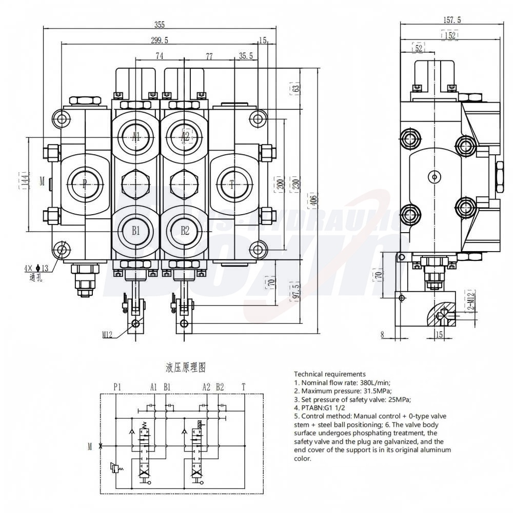 SDS380-OT-OW Manual 2 Spool Sectional Directional Valve drawing image